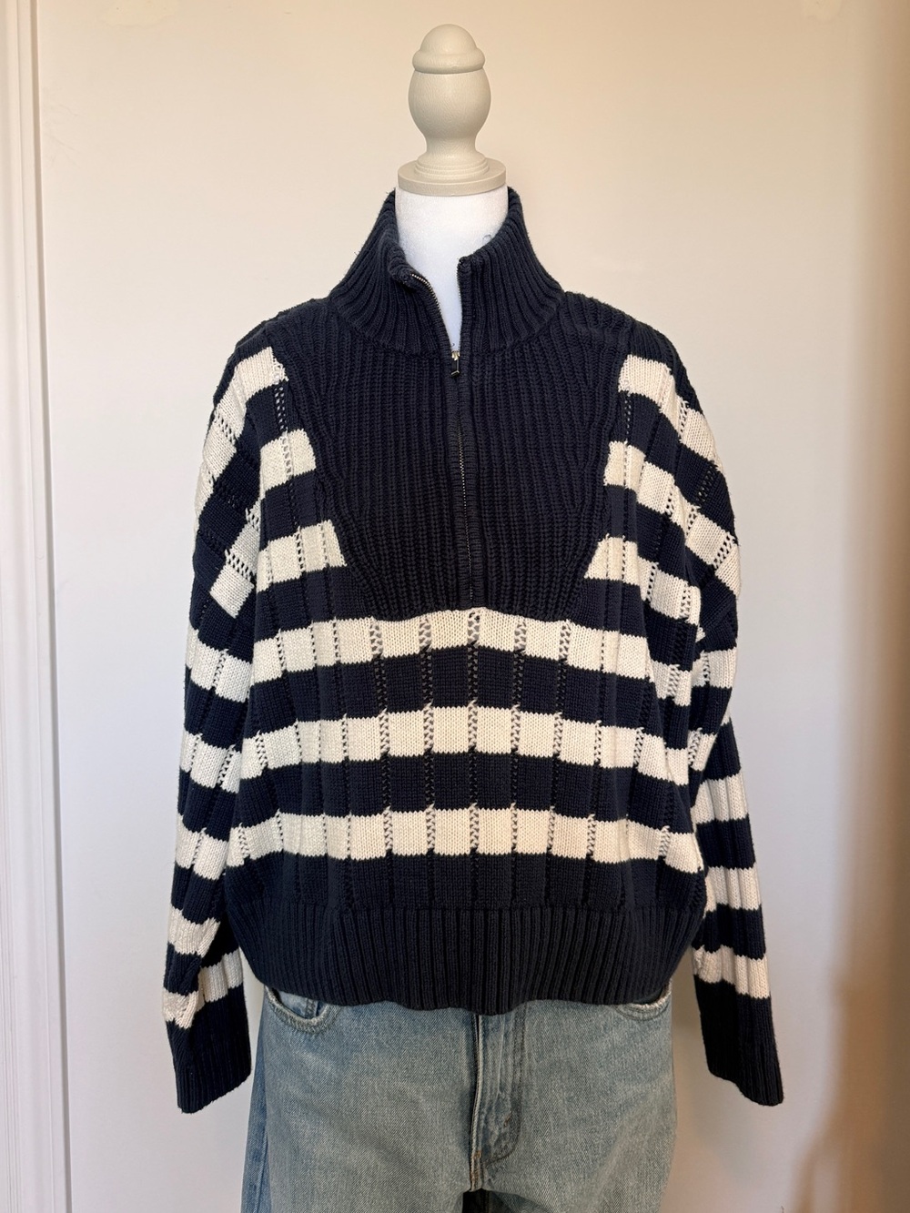 A New Day Striped Half-Zip Knit Sweater - Navy & White